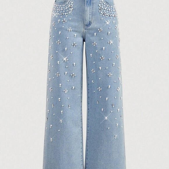 Blue Casual Women's Front Button Pocket Faux Pearl Decor Denim Jeans - Picture 1 of 4